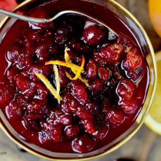 shot from above a bowl of Easy Fresh Cranberry Orange Sauce