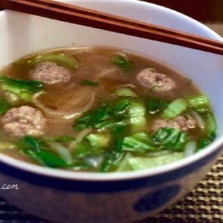 a warm bowl of Quick Pho with Ginger Pork Meatballs
