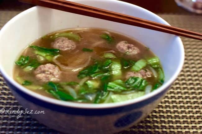 a warm bowl of Quick Pho with Ginger Pork Meatballs