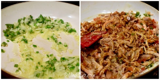 A collage showing the first steps to making the green chili chicken stack