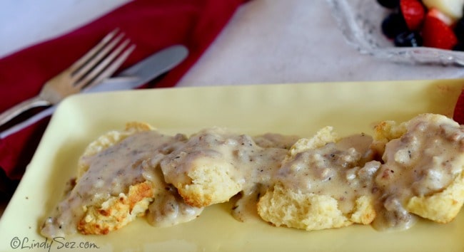 Simple Savory Sausage Gravy Biscuits.