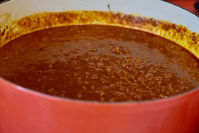 Very chili like Hormel Copycat Chili in a pot on the stove.
