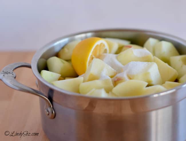 A post filled with apples, sugar, and lemon ready for the stove.