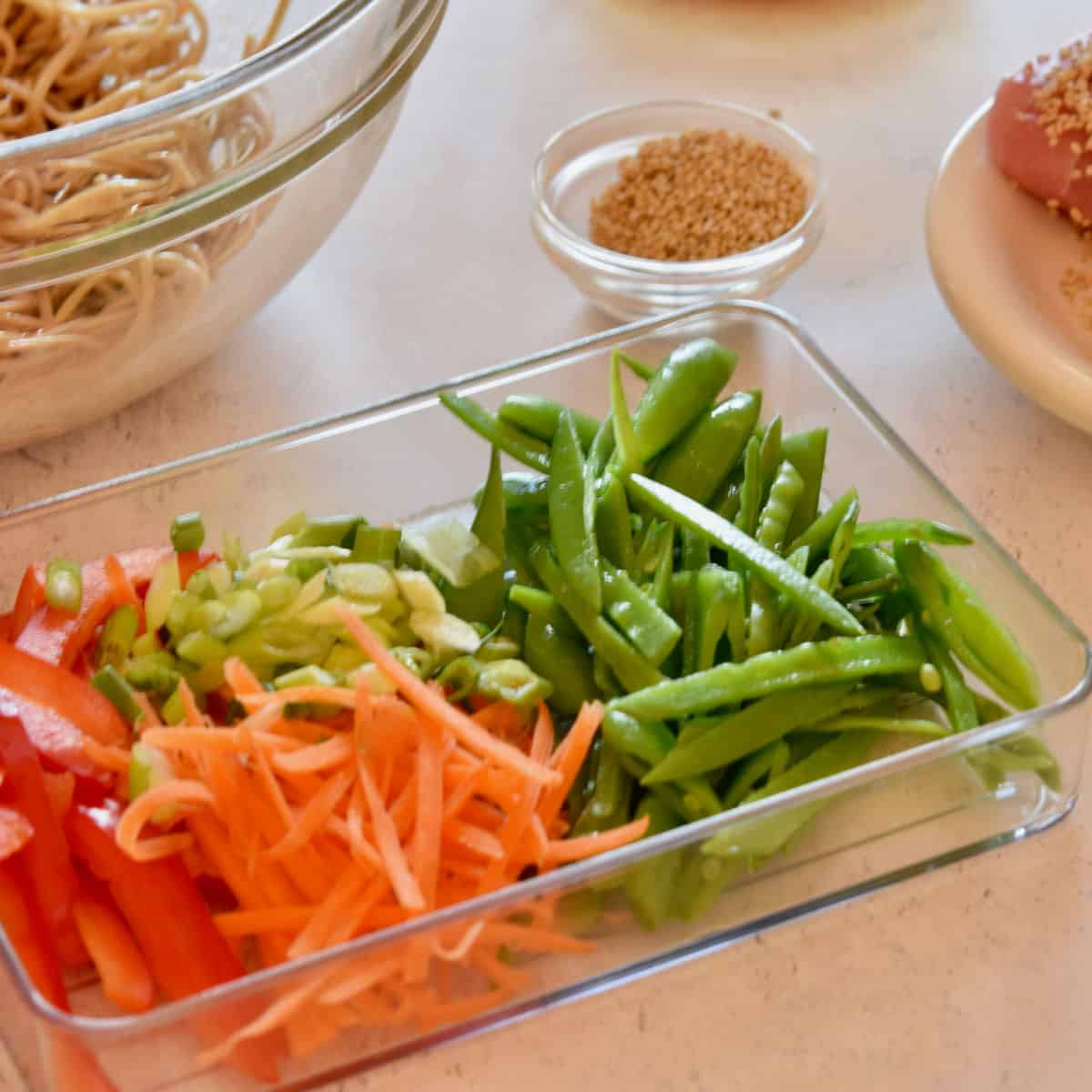 The ingredients for Soba Salad with Seared Tuna mis en place.